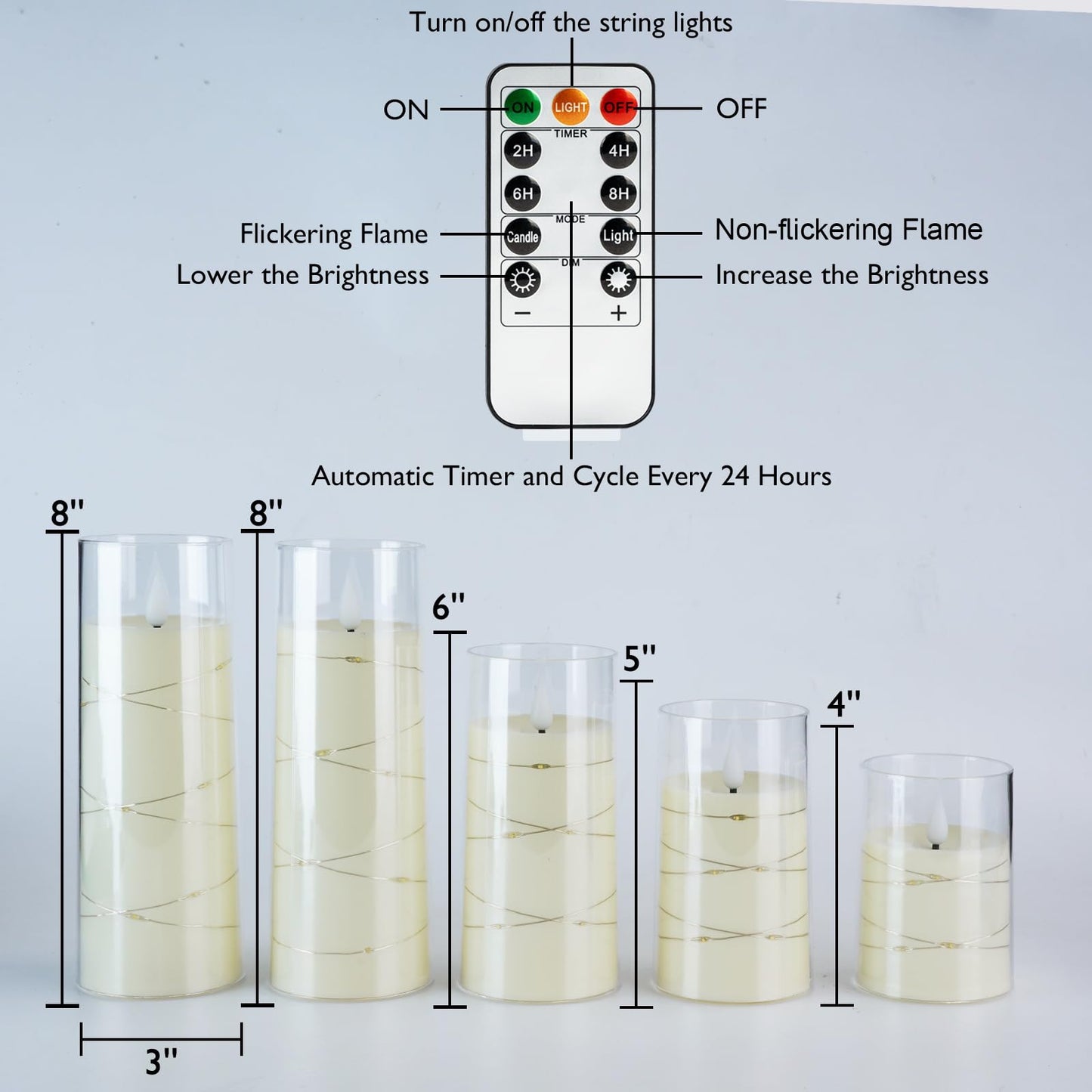 Homemory Flameless Candles with Embedded Star String Fairy Lights, Battery Operated Candles, LED Candles, Fake Candles with Remote Control and Timer, Gray Acrylic, Set of 5(H4 5" 6" 8" 8")
