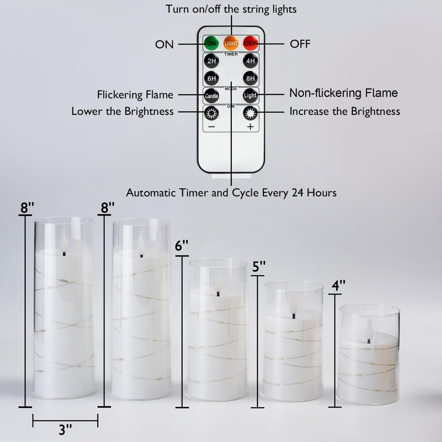 Homemory Flameless Candles with Embedded Star String Fairy Lights, Battery Operated Candles, LED Candles, Fake Candles with Remote Control and Timer, Gray Acrylic, Set of 5(H4 5" 6" 8" 8")