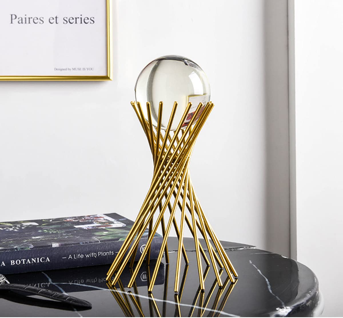 Modern Abstract Art Crystal Ball with Gold Iron Stand Decorative Ornaments for Living Room Bedroom TV Cabinet Crafts Gifts Office Home Decor (Pipe)