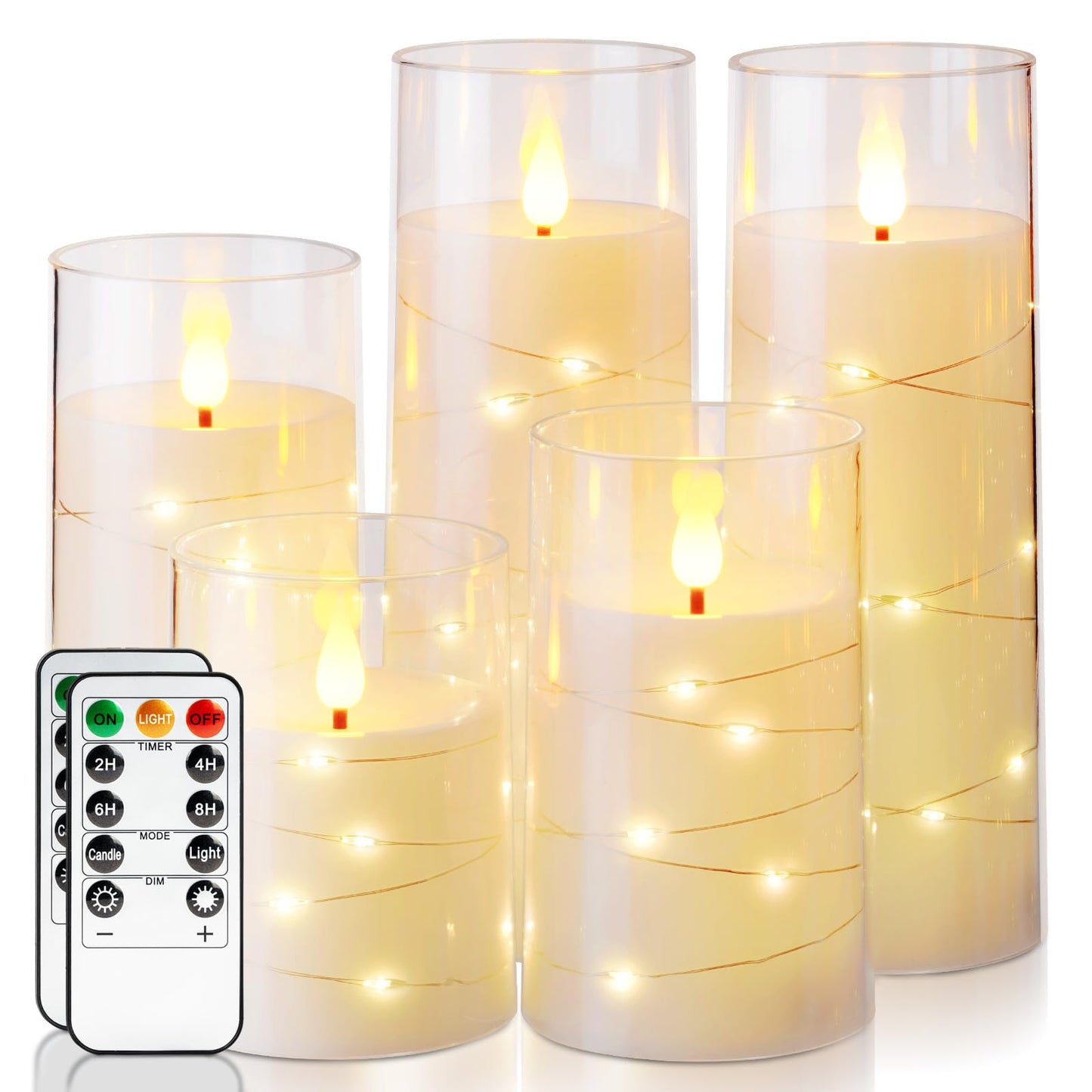 Homemory Flameless Candles with Embedded Star String Fairy Lights, Battery Operated Candles, LED Candles, Fake Candles with Remote Control and Timer, Gray Acrylic, Set of 5(H4 5" 6" 8" 8")