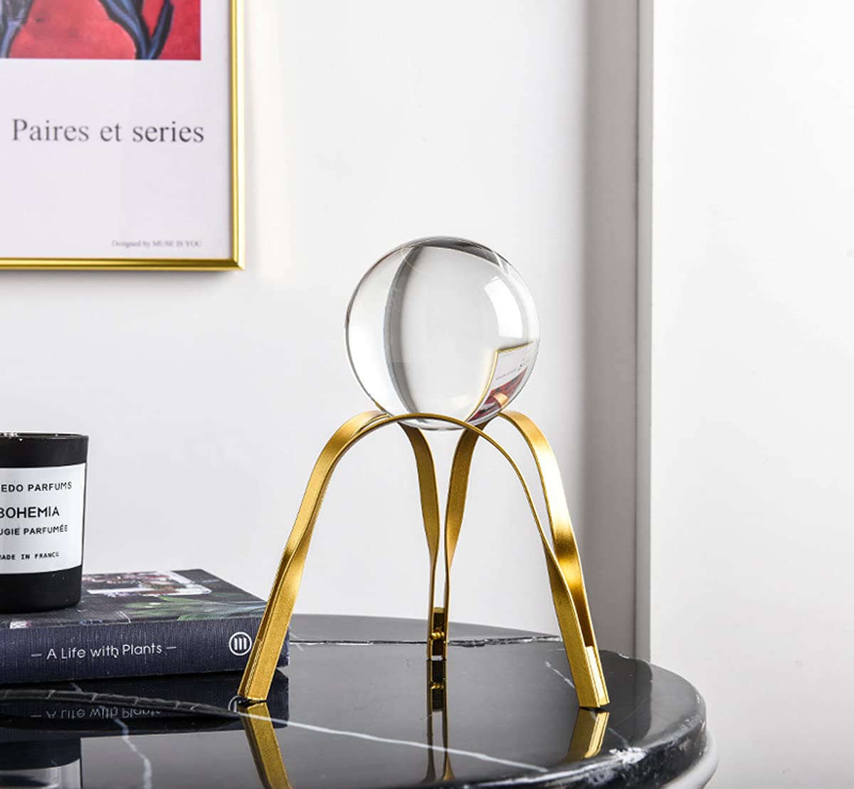 Modern Abstract Art Crystal Ball with Gold Iron Stand Decorative Ornaments for Living Room Bedroom TV Cabinet Crafts Gifts Office Home Decor (Pipe)