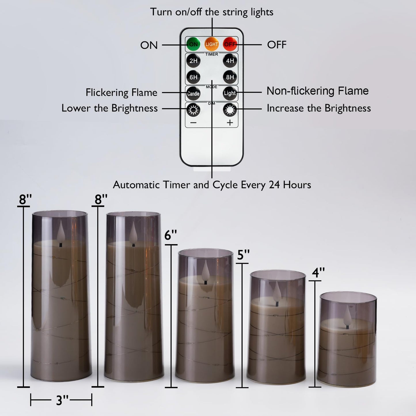 Homemory Flameless Candles with Embedded Star String Fairy Lights, Battery Operated Candles, LED Candles, Fake Candles with Remote Control and Timer, Gray Acrylic, Set of 5(H4 5" 6" 8" 8")