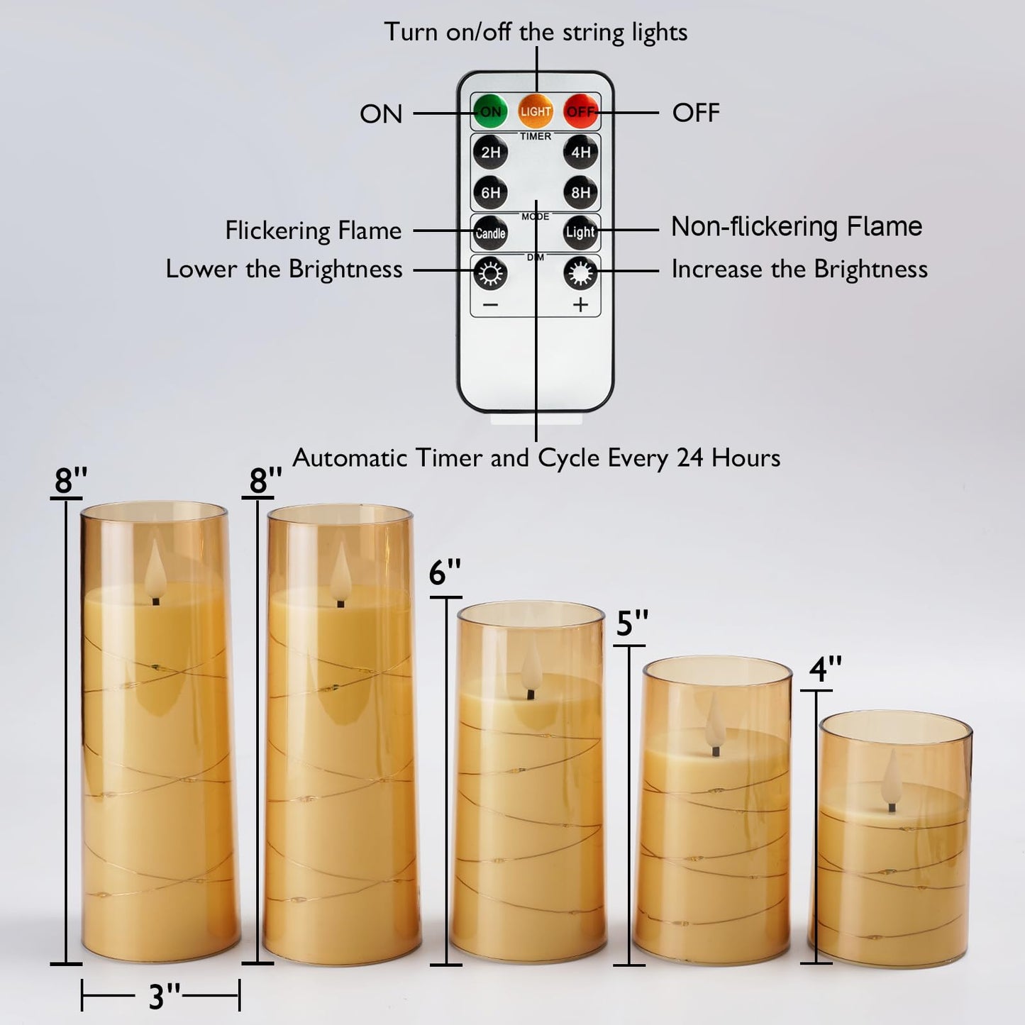 Homemory Flameless Candles with Embedded Star String Fairy Lights, Battery Operated Candles, LED Candles, Fake Candles with Remote Control and Timer, Gray Acrylic, Set of 5(H4 5" 6" 8" 8")