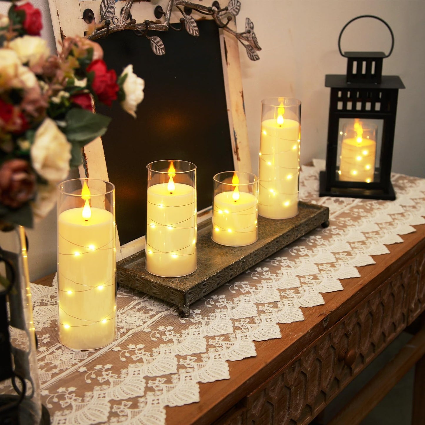 Homemory Flameless Candles with Embedded Star String Fairy Lights, Battery Operated Candles, LED Candles, Fake Candles with Remote Control and Timer, Gray Acrylic, Set of 5(H4 5" 6" 8" 8")