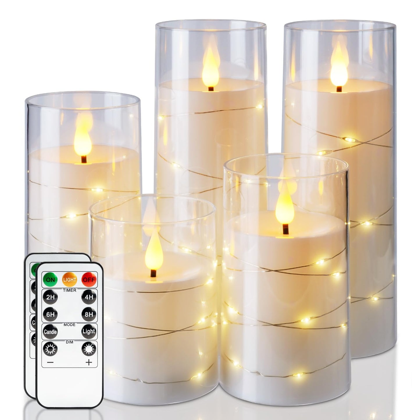Homemory Flameless Candles with Embedded Star String Fairy Lights, Battery Operated Candles, LED Candles, Fake Candles with Remote Control and Timer, Gray Acrylic, Set of 5(H4 5" 6" 8" 8")