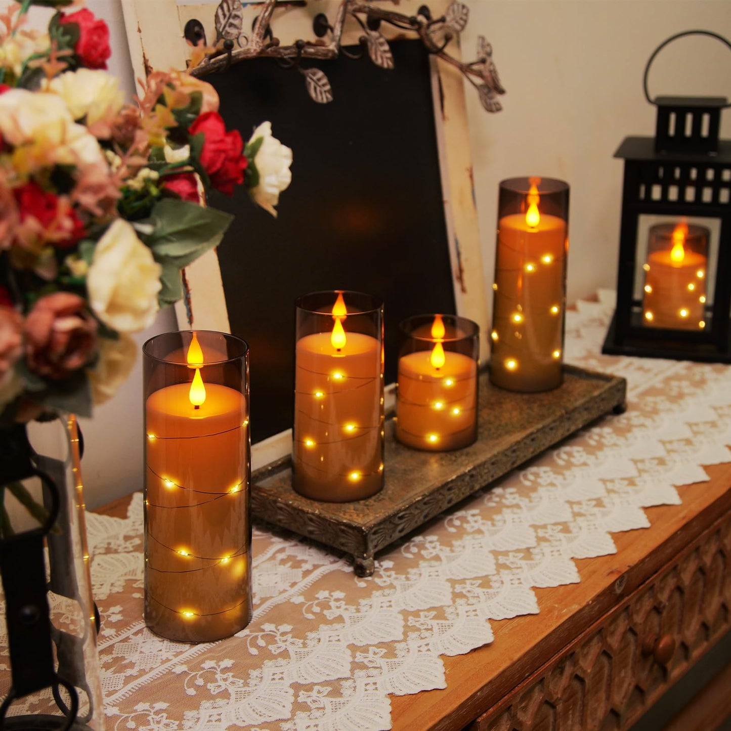 Homemory Flameless Candles with Embedded Star String Fairy Lights, Battery Operated Candles, LED Candles, Fake Candles with Remote Control and Timer, Gray Acrylic, Set of 5(H4 5" 6" 8" 8")