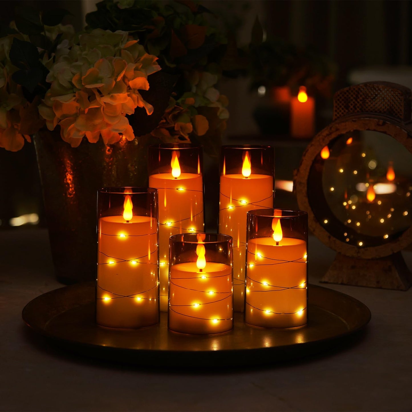 Homemory Flameless Candles with Embedded Star String Fairy Lights, Battery Operated Candles, LED Candles, Fake Candles with Remote Control and Timer, Gray Acrylic, Set of 5(H4 5" 6" 8" 8")