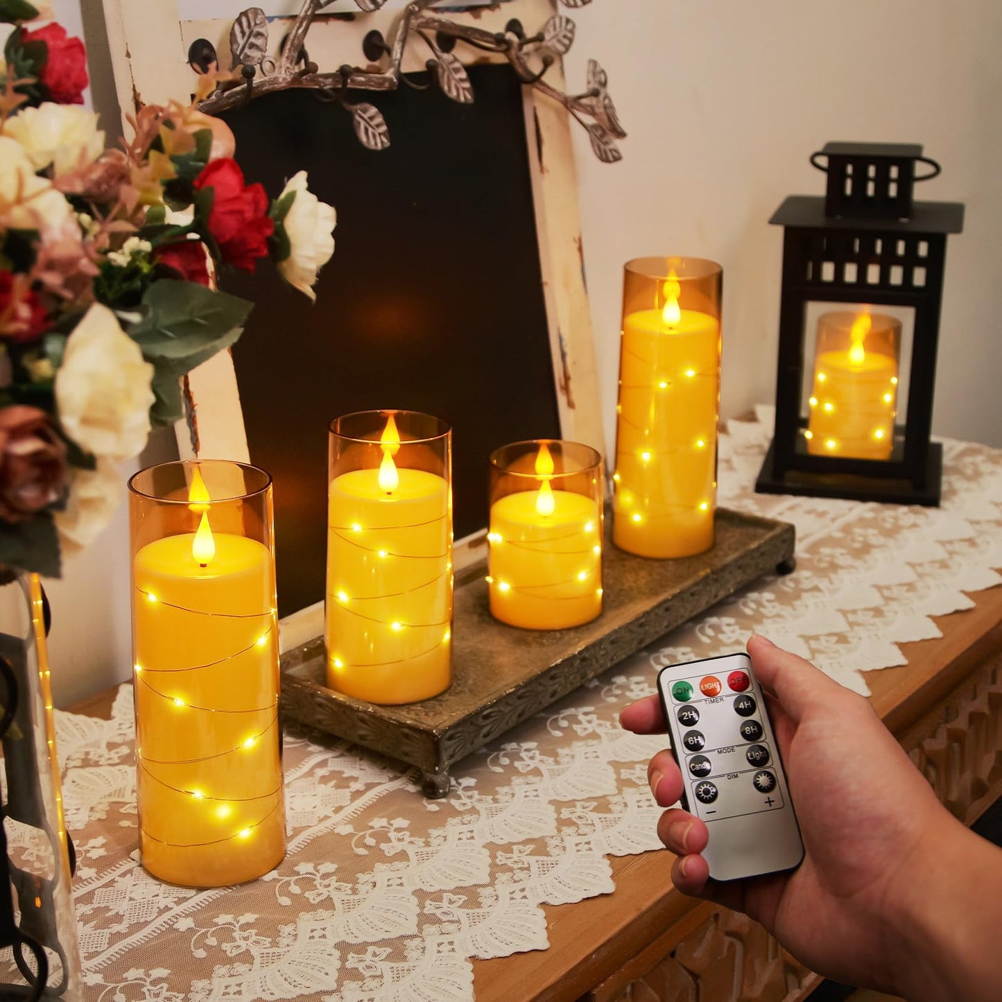 Homemory Flameless Candles with Embedded Star String Fairy Lights, Battery Operated Candles, LED Candles, Fake Candles with Remote Control and Timer, Gray Acrylic, Set of 5(H4 5" 6" 8" 8")