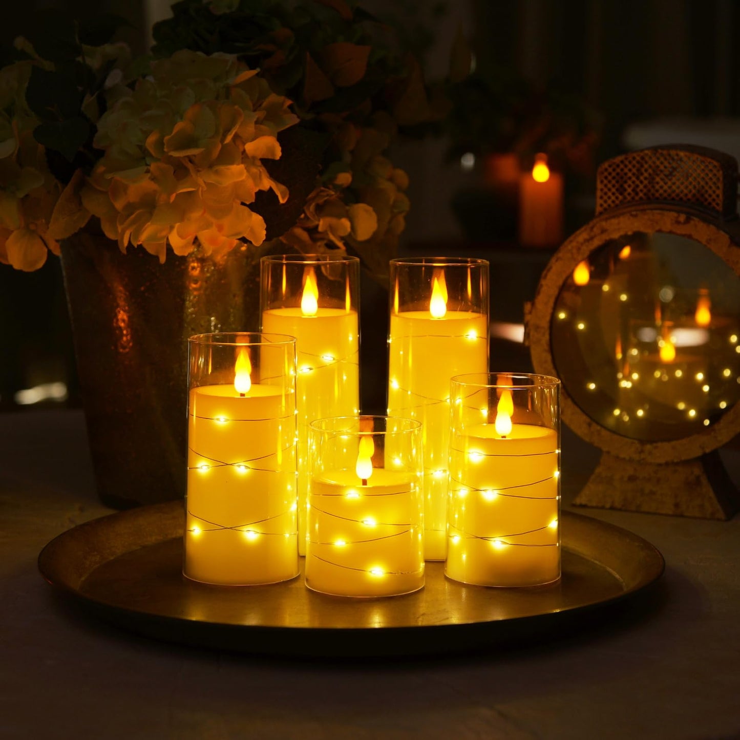 Homemory Flameless Candles with Embedded Star String Fairy Lights, Battery Operated Candles, LED Candles, Fake Candles with Remote Control and Timer, Gray Acrylic, Set of 5(H4 5" 6" 8" 8")