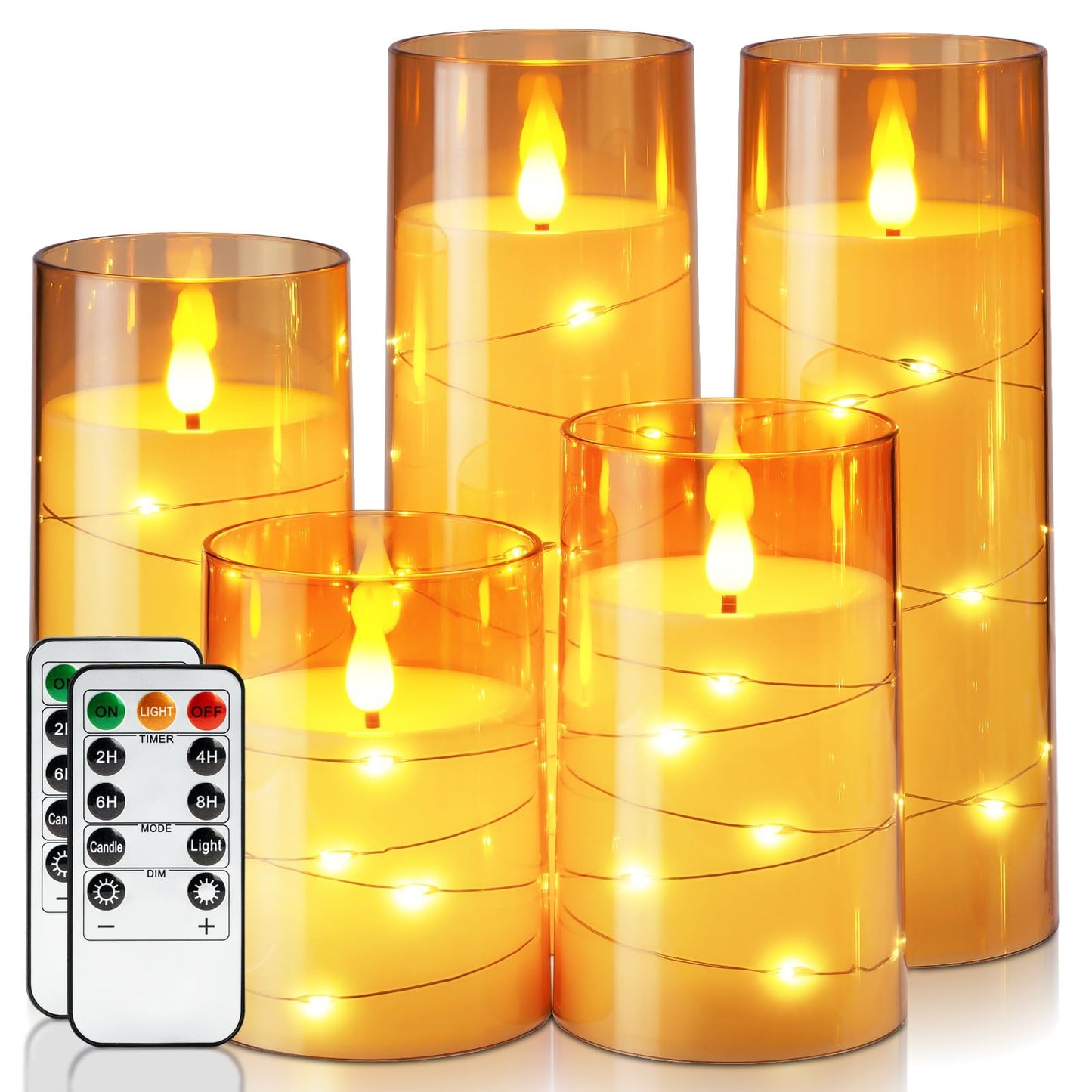 Homemory Flameless Candles with Embedded Star String Fairy Lights, Battery Operated Candles, LED Candles, Fake Candles with Remote Control and Timer, Gray Acrylic, Set of 5(H4 5" 6" 8" 8")