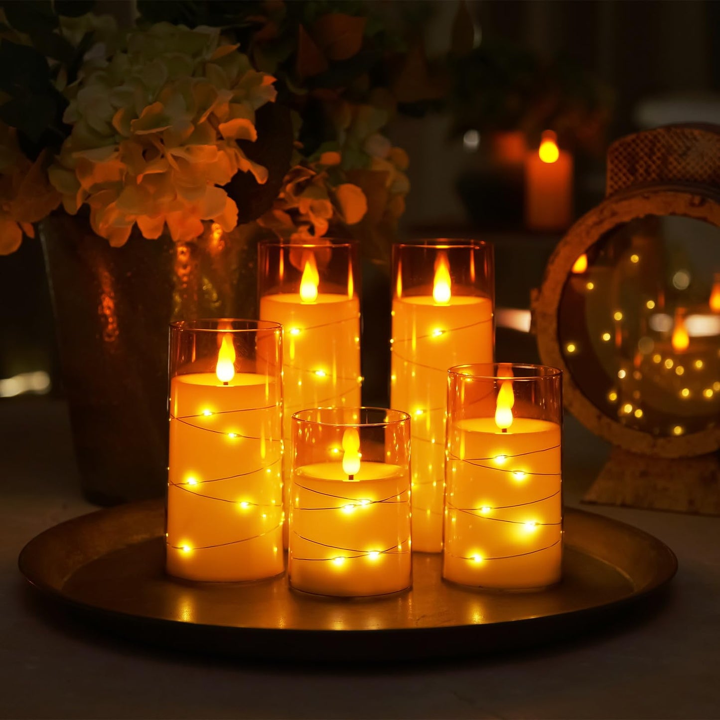 Homemory Flameless Candles with Embedded Star String Fairy Lights, Battery Operated Candles, LED Candles, Fake Candles with Remote Control and Timer, Gray Acrylic, Set of 5(H4 5" 6" 8" 8")