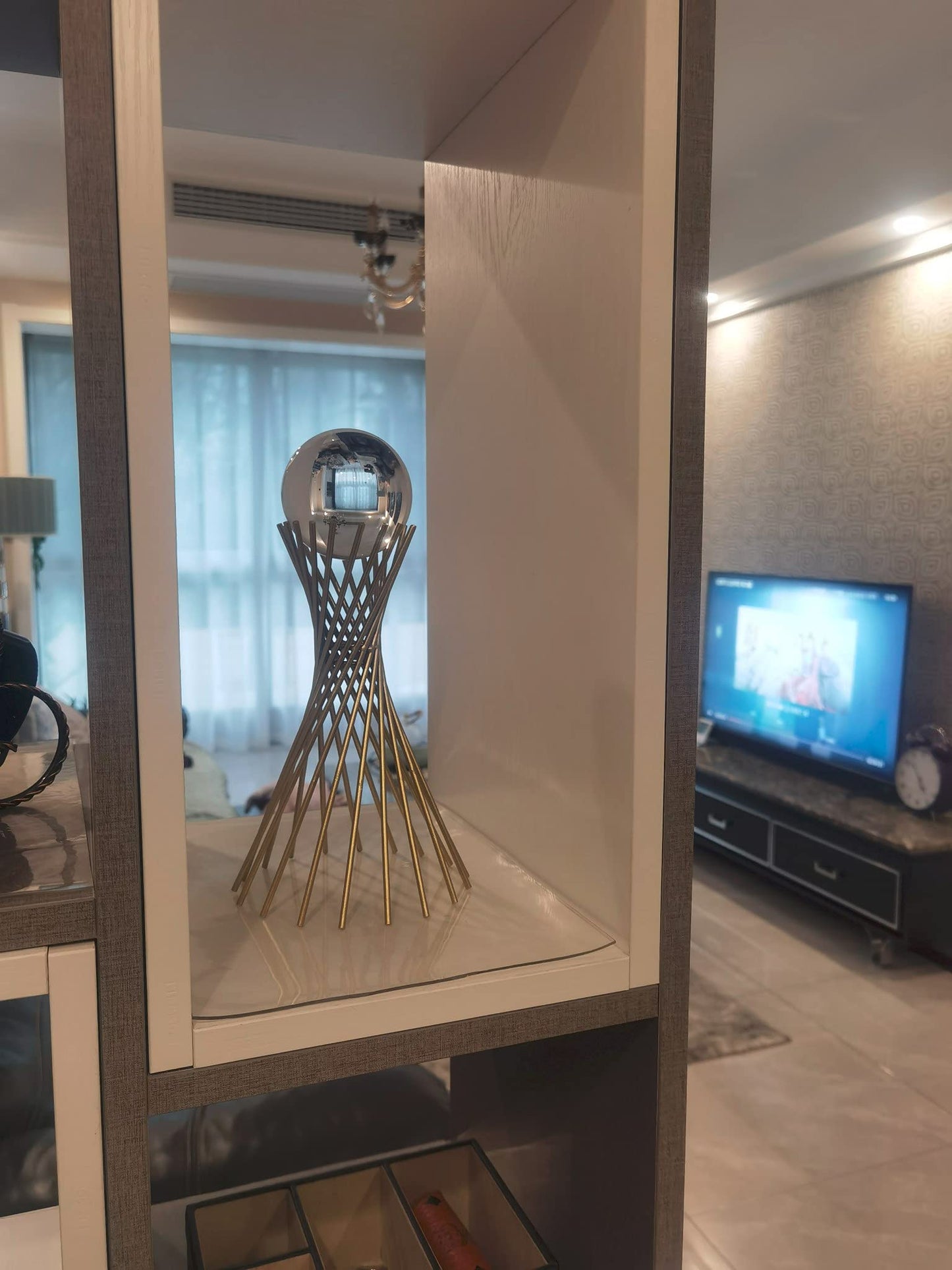 Modern Abstract Art Crystal Ball with Gold Iron Stand Decorative Ornaments for Living Room Bedroom TV Cabinet Crafts Gifts Office Home Decor (Pipe)