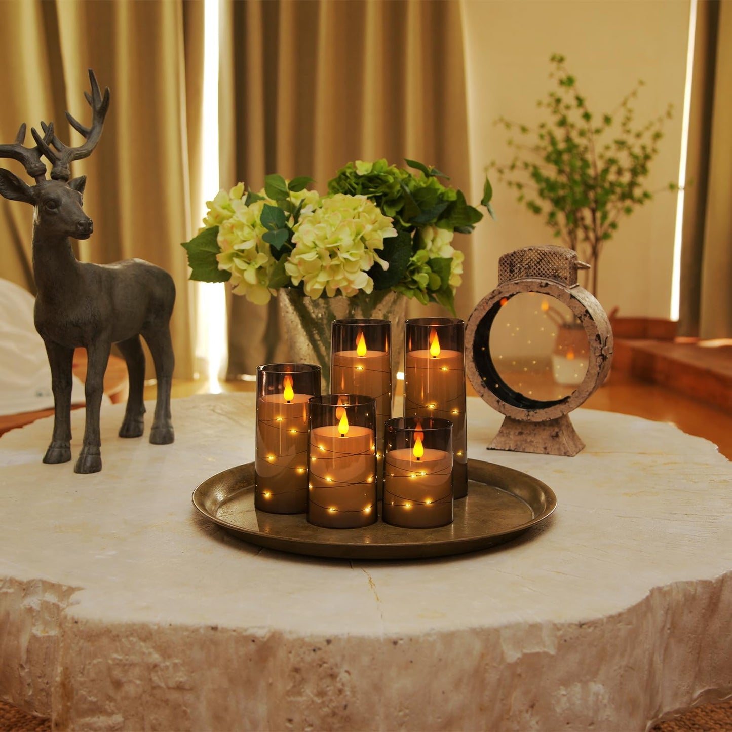 Homemory Flameless Candles with Embedded Star String Fairy Lights, Battery Operated Candles, LED Candles, Fake Candles with Remote Control and Timer, Gray Acrylic, Set of 5(H4 5" 6" 8" 8")