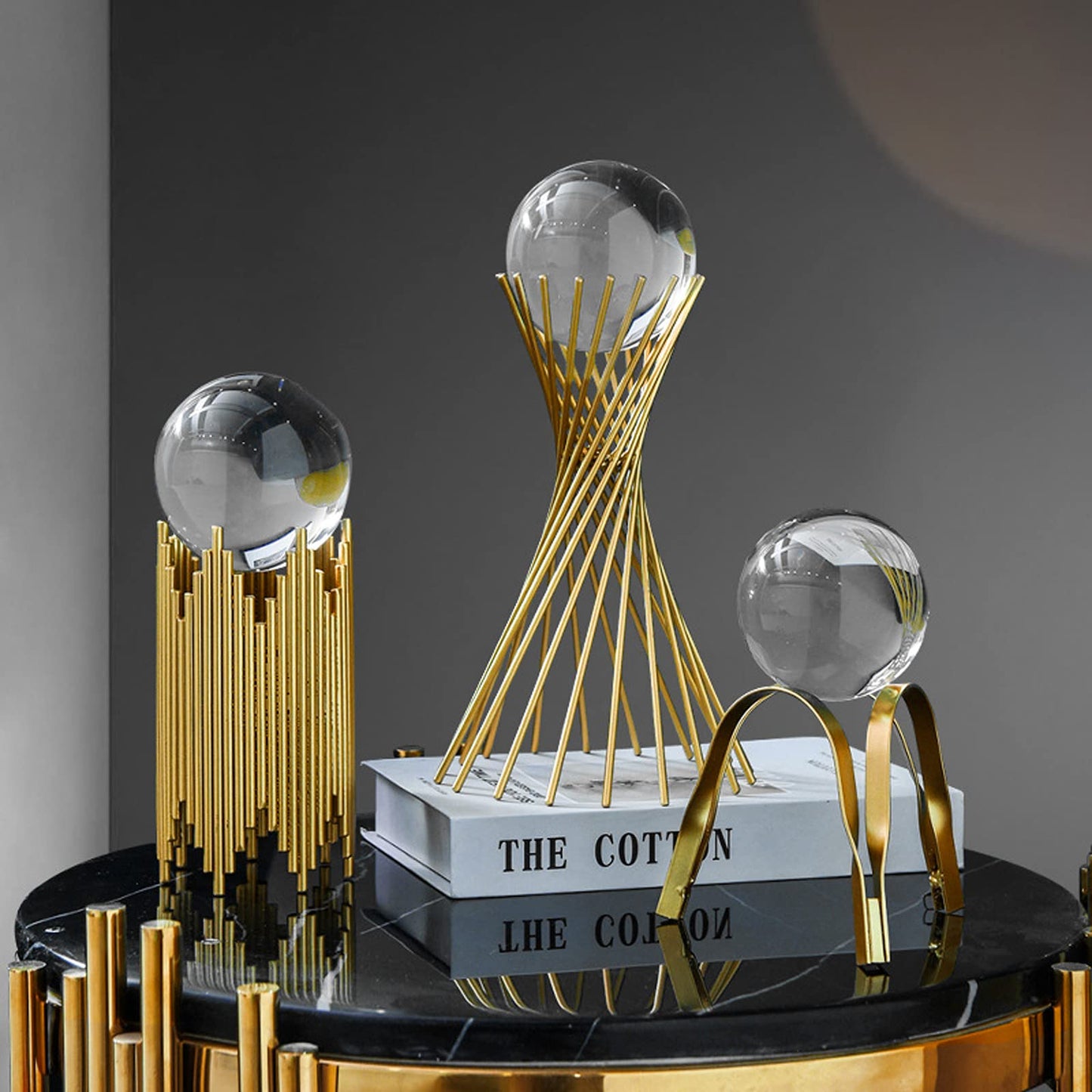 Modern Abstract Art Crystal Ball with Gold Iron Stand Decorative Ornaments for Living Room Bedroom TV Cabinet Crafts Gifts Office Home Decor (Pipe)