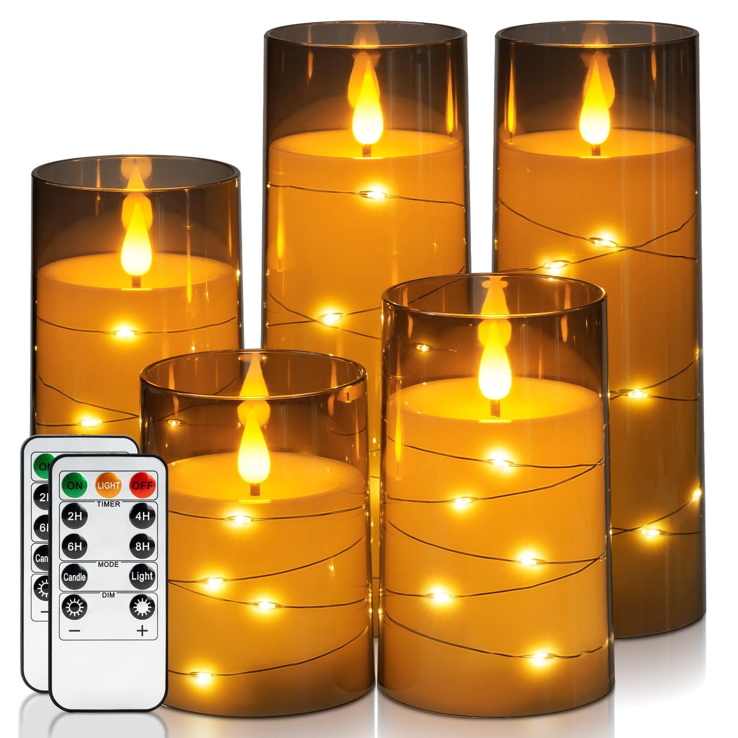 Homemory Flameless Candles with Embedded Star String Fairy Lights, Battery Operated Candles, LED Candles, Fake Candles with Remote Control and Timer, Gray Acrylic, Set of 5(H4 5" 6" 8" 8")