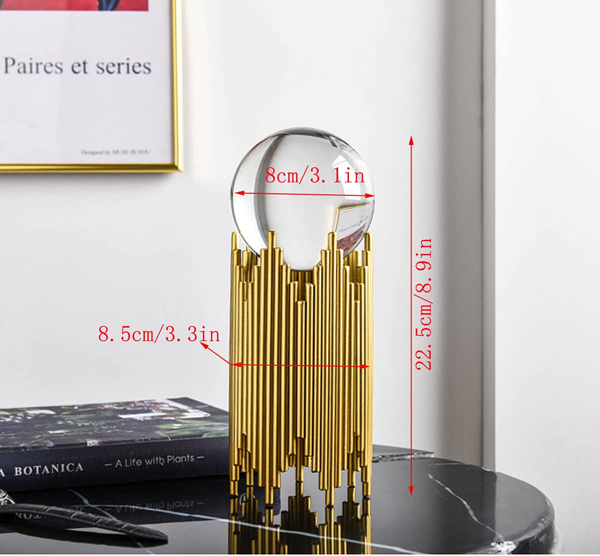 Modern Abstract Art Crystal Ball with Gold Iron Stand Decorative Ornaments for Living Room Bedroom TV Cabinet Crafts Gifts Office Home Decor (Pipe)