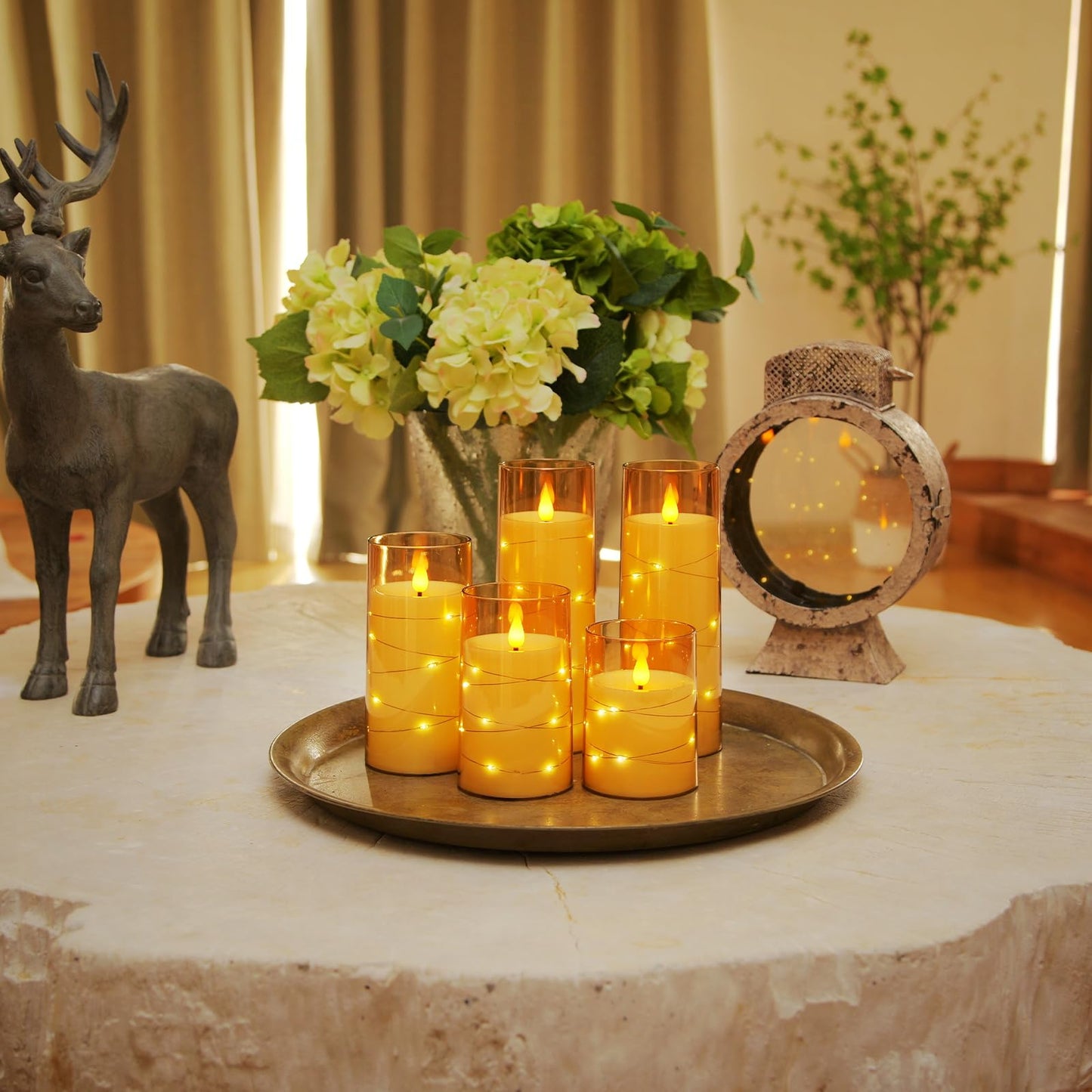 Homemory Flameless Candles with Embedded Star String Fairy Lights, Battery Operated Candles, LED Candles, Fake Candles with Remote Control and Timer, Gray Acrylic, Set of 5(H4 5" 6" 8" 8")