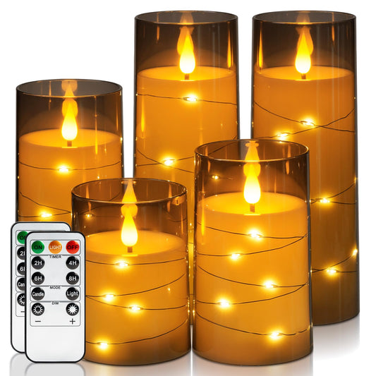 Homemory Flameless Candles with Embedded Star String Fairy Lights, Battery Operated Candles, LED Candles, Fake Candles with Remote Control and Timer, Gray Acrylic, Set of 5(H4 5" 6" 8" 8")